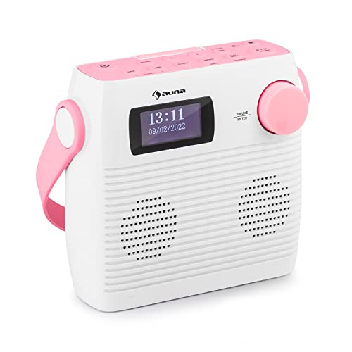 Auna Splash - Radio da doccia, radio DAB, BT, DAB+/FM, IPX4, radio DAB+ con porta USB, jack per cuffie, batteria, USB-C, radio digitale, bianco-rosa