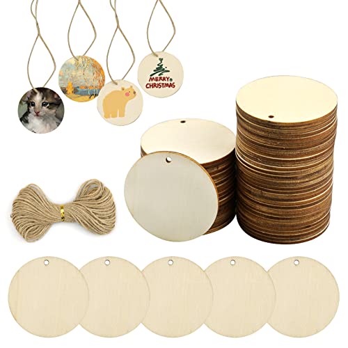 Hyakoz 50 Pezzi Dischi Legno Per Decorazioni con Foro 5cm Decorazioni Natalizie Legno Piccole Legno Fette per Artigianato, DIY, Pittura e Decorazioni（Corda di canapa da 20 m）