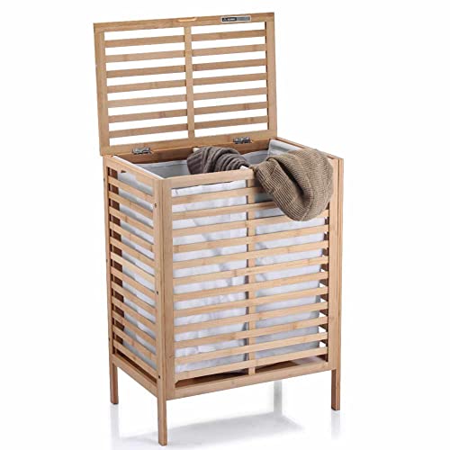 Bakaji Cesto Biancheria Sporca in Bambu Con Tessuto Grigio Portabiancheria Casa Bagno Con 2 Scomparti Contenitore Salvaspazio con Coperchio e Sacco Estraibile 53 x 35 x 71 cm