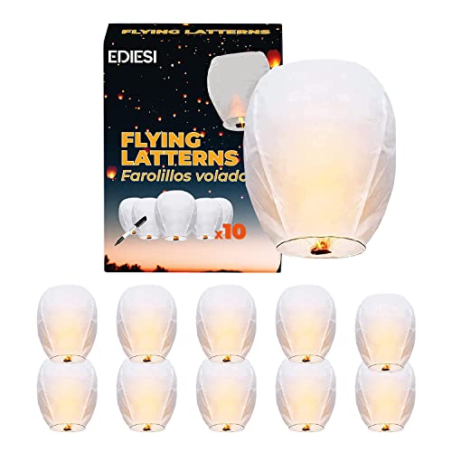 Ediesi, Lanterne Cinesi Volanti, 10 Pezzi, 100% Biodegradabile, di Carta, Bianco, Sky Lanterns, con un Pennarello per Scrivere i Desideri