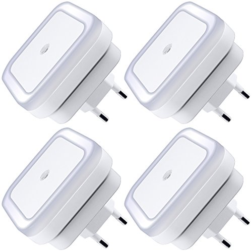 Lampada notturna a LED con sensore ON / OFF automatico intelligente Set di 4, lampada plug-in DART 0.5w per camera da letto, bagno, corridoio, scale o camera oscura Luminosità morbida. (Bianca)