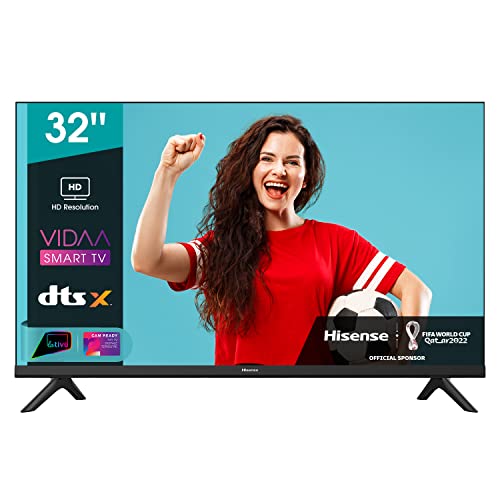 Hisense 32" LED HD Ready 2022 32A4FG, Smart TV VIDAA 4.2, Audio 2.0 12W, Controlli vocali Alexa, Tuner DVB-T2/S2 HEVC 10, lativù, Telecomando RaiPlay, Nero