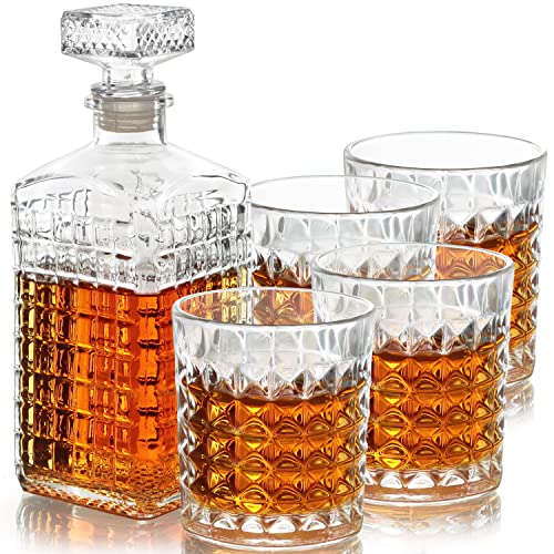 Belle Vous Set Decanter Whisky in Vetro (5 Pezzi) - Bottiglia Whisky da 500 ml con 4 Bicchieri Incisi da 260 ml - Set Bottiglia e Bicchieri Liquore , Whisky, Vino, Brandy, Bourbon e Altri Liquori