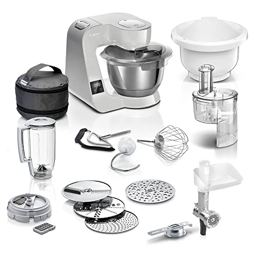 Bosch Robot da cucina MUM5 MUM5XL72,1000 W, ciotola da 3,9 l, bilancia integrata, intagliatore continuo con 4 dischi di sfregamento, tritacarne, taglierino, frullatore, grigio/argento