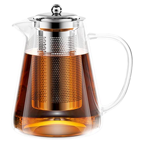 Gvolatee 1300ML Teiera in vetro borosilicato, teiera in vetro borosilicato, teiera in vetro con inserto per colino, teiera con colino, teiera con infusore, infusore per foglie sciolte