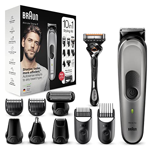 Braun Regolabarba Tagliacapelli Uomo Rasoio Elettrico Uomo Incluso, 10 in 1 Styling Kit, 8 Accessori, per Viso, Corpo, Orecchie e Naso, Idea Regalo, MGK7320 All-in-One Grigio Argento