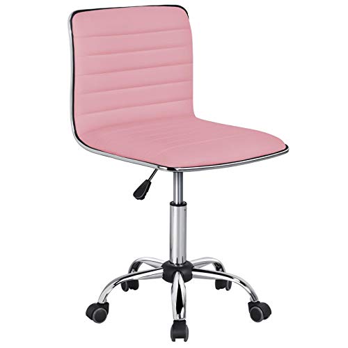 Yaheetech Sedia Ufficio da Scrivania a Rotelle Girevoli Senza Braccioli Sedia Ergonomica Imbottita Moderna da Studio in Ecopelle Acciaio Altezza Regolabile Rosa