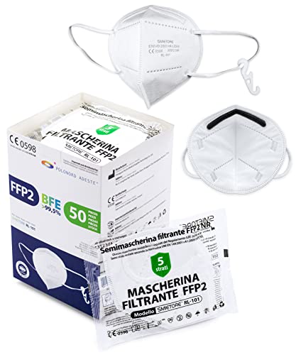 ADESTE - 50 Mascherine FFP2 Bianche Certificate CE, filiera controllata, elastici comodi, anallergici e regolabili. Sicura: filtrazione in simulazione di indossaggio 99,5%. Buste singole sigillate.