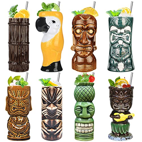 SuproBarware Set di 8 Bicchieri da Cocktail in Ceramica Tiki Tazza esotica Colorata per Feste Esotiche Hawaiian Party Barware