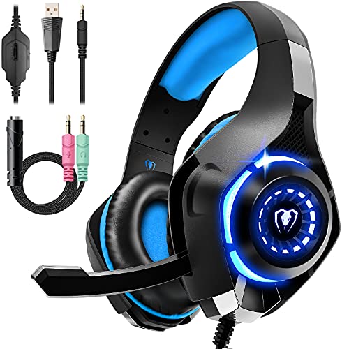 Tatybo Cuffie Gaming PS4 PS5 PC Xbox One, Cuffia con Microfono Stereo Bass Deep, Luci RGB, Comode Cuffie Grandi, Cuffie per Mac Switch Laptop (Blu)