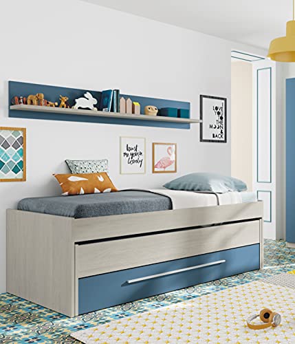 Dmora Struttura Secondo Letto Estraibile con cassettone e Una mensola Coordinata a Muro, Colore Bianco Effetto Legno Chiaro e Azzurro, cm 199 x 65 x 95