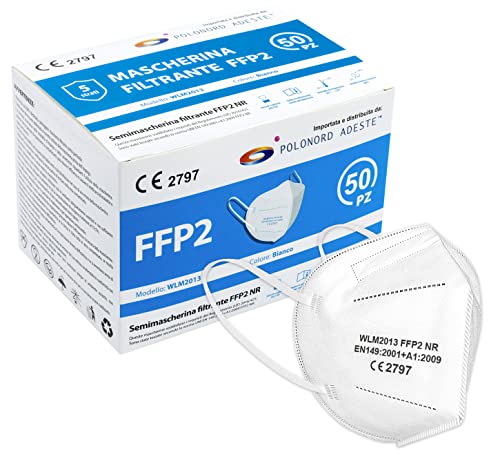 ADESTE - 50 Mascherine FFP2 Bianche Certificate CE, filiera controllata, anallergiche, con elastici comodi e resistenti. Sicura: capacità filtrante >99,5%, Buste singole sigillate.