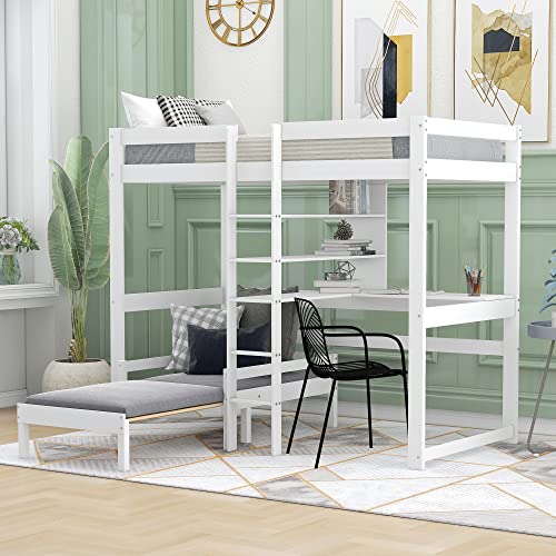 KecDuey Letto a soppalco per bambini, letto a soppalco trasformabile con scrivania a forma di L, letto a castello singolo, con ripiani e scala, bianco