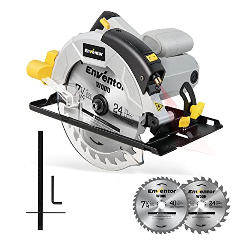 Sega Circolare 1200W con guida laser, ENVENTOR Sega Circolare per Legno, 2 Lama sega da 185 mm (24T&40T), 5800RPM,Taglio Massima:62mm (90°) e 42mm (45°),Motore Di Rame Puro,Inclusa Guida di Rip