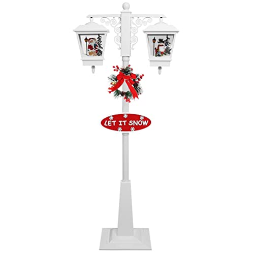 BAKAJI Lampione di Natale Luminoso 2 Lanterne con 38 Luci 2 Scene Natalizie Neve in Movimento e 25 Musiche Natalizie con Decorazione Ghirlanda e Scritta Altezza 188 cm (Bianco)