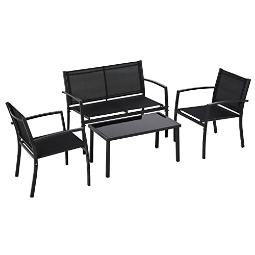 FRANKYSTAR Adelaide - Salottino da giardino di design con divanetto + 2 poltrone + tavolino da caffè con ripiano in vetro. Set lounge da esterno 4 pezzi in metallo e textilene nero
