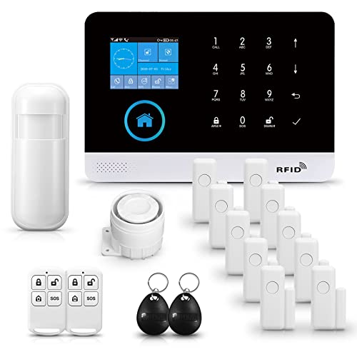 PGST Sistema di Allarme Casa Senza Fili, WIFI, GSM, 4G,Kit allarme WiFi DIY con 1 Sirena, 10 Sensori, 2 Telecomandi e 1 Sensore di movimento, 2 RFID, Antifurto Casa Lavora con Alexa(PG103-4G)