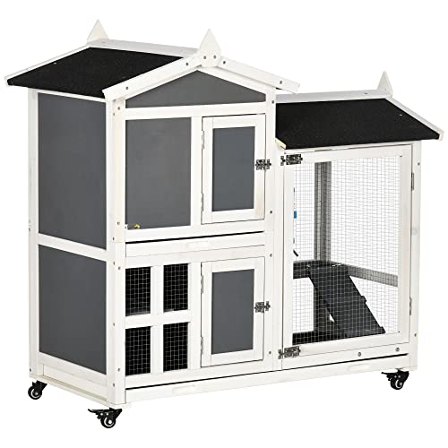 PawHut Conigliera da Esterno per 2 Conigli in Legno d'Abete e Tetto in Bitume con Vassoio Estraibile e Area di Corsa Condivisa, 110x60x104 cm, Grigia e Bianca