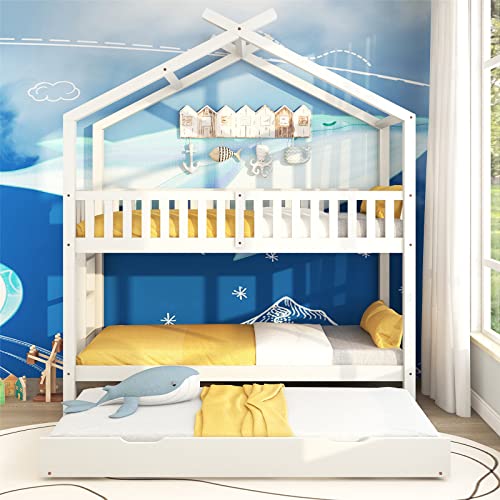 JINTAOMA Letto A Castello, Letto Scorrevole Multifunzionale, Letto Famiglia 90x200 Cm, Tre Letti, Allungabile, Design Salvaspazio, Bianco