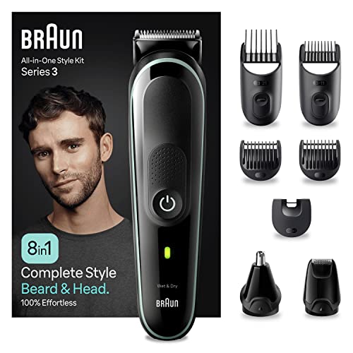 Braun Regolabarba Tagliacapelli Uomo Rasoio Elettrico Barba, 8-In-1 Styling Kit Ideale Per Barba, Capelli, Naso e Orecchie, 80 Minuti Di Utilizzo Senza Fili, MGK3441