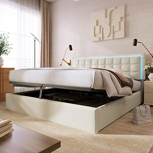 KecDuey Letto idraulico, 180 x 200 cm, letto imbottito con rete a doghe e spazio per letto matrimoniale, con striscia di illuminazione a LED