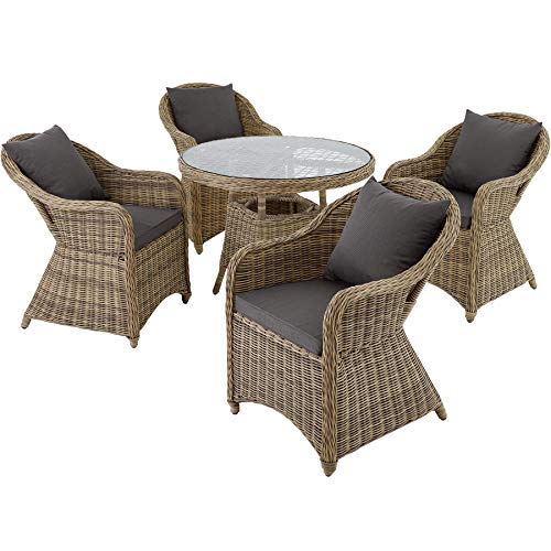 TecTake 800828 Set di Mobili da Giardino, 4x Sedie + 1x Tavolo con Cuscini, Resistente Agli Agenti Atmosferici, Telaio In Alluminio Poli Rattan, Salottino da Esterno (Natural)