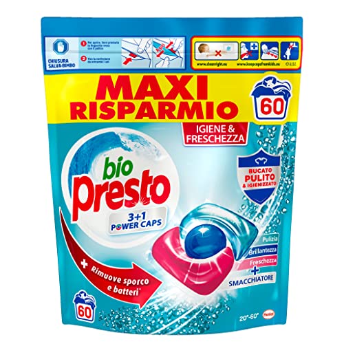 Bio Presto Power Caps Igiene, Detersivo Lavatrice Predosato In Capsule con funzione Igiene & Freschezza, Confezione Da 60 Lavaggi - 780 g