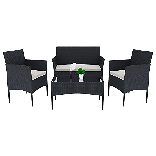 Set Di Mobili da Giardino in Rattan 4 Posti Salottino Salotto E Tavolino Con Ripiano In Vetro 2 Poltrone E Divano 2 Posti Con Cuscini Sfoderabili Giardino Esterno Piscina Veranda Terrazzo (Black)