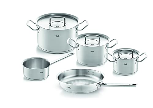 Fissler Original,Profi Collection Set di pentole in acciaio nox, 5 pezzi, con coperchio in metallo, 3 pentole, 1 padella senza rivestimento, 1 tegame senza coperchio, adatte per cottura a induzione