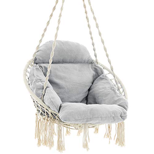 SONGMICS Sedia Amaca, Poltrona Sospesa, Sedia ad Altalena con Grande Seduta Imbottita, Regge Fino a 120 kg, per Terrazza, Balcone, Giardino, Soggiorno, Stile Scadinavo, Beige e Grigio GDC042G01