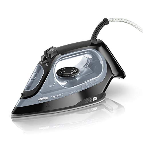 Braun TexStyle3 SI3055BK Ferro da stiro a vapore con 4 Anni di Assistenza, Colpo vapore 180g, Termostato regolabile, Riscaldamento Rapido, Piastra Freeglide 3D Superceramic, Capacità 270ml, nero
