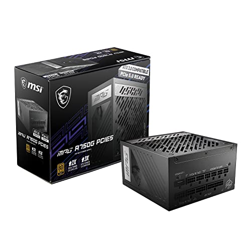 Alimentatore MSI MPG A850G PCIE5, Spina EU - 850W, certificato 80 Plus Gold, ATX 3.0 100% modulare, supporto GPU PCIe 5.0, 105°C condensatori giapponesi, 0% RPM Mode, cavi piatti - 10 anni di garanzia