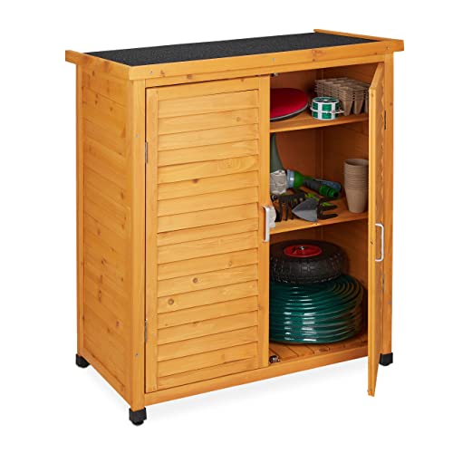 Relaxdays Armadietto da Giardino, 3 Scomparti, Ripiano Inclinato, Mobiletto a 2 Ante, in Legno, 97x86,5x47 cm, Naturale, 80% Alluminio 10% Feltro per tetti