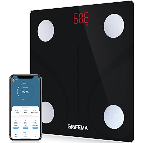 GRIFEMA Bilancia corporea con app, bilancia digitale Bluetooth con grasso corporeo e massa muscolare, bilancia personale con analisi del grasso corporeo, per BMI, proteine, nera[Esclusiva Amazon]