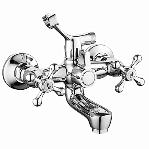 Vetrineinrete® Rubinetto per vasca a parete a canna lunga miscelatore due fori doppio comando acqua calda e fredda con attacco e supporto per doccetta in ottone cromato 52349A E15