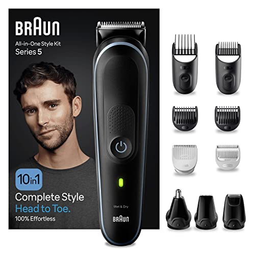 Braun Regolabarba Tagliacapelli Uomo Rasoio Elettrico Barba, 10-In-1 Styling Kit Ideale Per Barba, Capelli, Corpo, Naso e Orecchie, Con Custodia, 100 Minuti Di Utilizzo Senza Fili, MGK5445