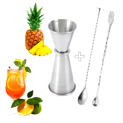 3 PEZZI Misurino Cocktail + 2 Cucchiai Dosatore Miscelatore Acciaio Inox Alta Qualità’ Professionale Capacità 30/60 ml. Utile Aperitivo Bar Discoteca Party Feste Shacker
