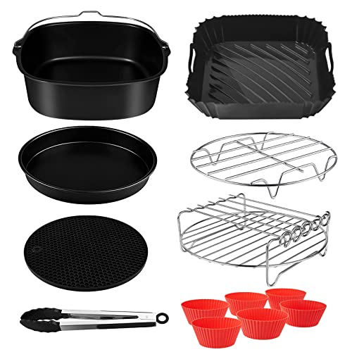 22CM Accessori Friggitrice Ad Aria, Set Di 13 con Quadrata Teglie Cestino per Friggitrice ad Aria in Silicone, kit Friggitrice Ad Aria per Cosori Innsky Uten Princess 5,5L-6,5L, Cecotec 6L Airfryer