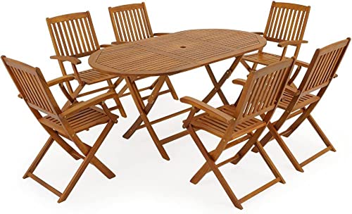 Set Da Giardino In Legno Di Acacia Massello Composto Da 6 Sedie Tavolo Da Pranzo 6 Posti Pieghevole Richiudibile Portatile Esterni Terrazza Balcone Piscina Patio 160 x 85 x 74 Cm Marrone