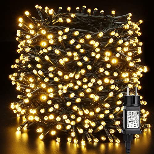 Luci Albero di Natale Esterno, BrizLabs 100M 1000 LED Catena Luminosa Bianco Caldo con Spina 8 Modalità Impermeabile Luci Fatate Natalizie per Esterni Casa Festa Matrimonio Giardino, Filo Verde