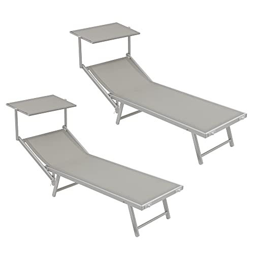 Baroni Home Lettino Prendisole con Struttura in Alluminio e Tetto Parasole, Comodo e Resistente lettino da giardino, Spiaggia, Piscina Rivestito in Textilene, 60x190x35 (Grigio, 2)