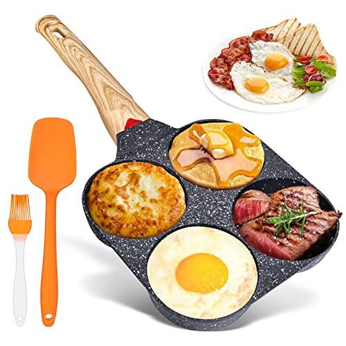HIBOER Padella Pancake Antiaderente 4 Fori: Padelle Antiaderenti Induzione per Crepes Hamburger Uova Fritte, Padella Pancake Colazione per Fornello a Gas e Induzione(con Pennello ad Olio e Spatola)