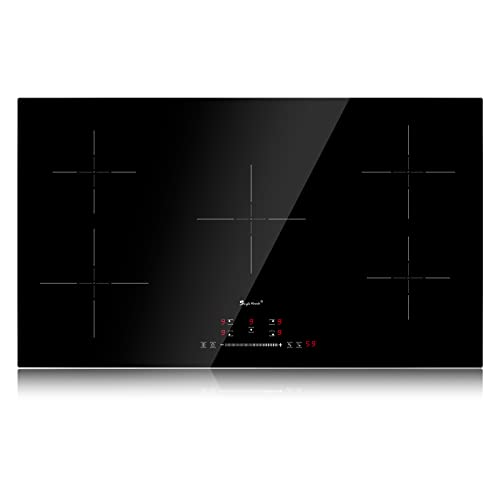 Piano cottura induzione 5 fuochi, Piastra induzione 90 cm incasso, Basso rumore, Riscaldamento uniforme, con Blocco del bambino, Protezione dallo spegnimento automatico e Funzione timer, 9300W