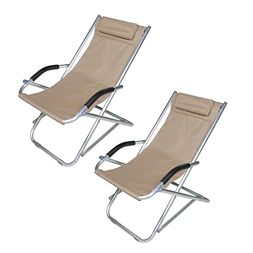 Set Di 2 Poltrone A Dondolo Sedia Sdraio Portatile Pieghevole Dondolino Oscillante Alluminio Tubolare Ossidato Tessuto 600d Cuscino Esterni Spiaggia Mare Campeggio Camping 73 x 90 x 60 cm (Beige)