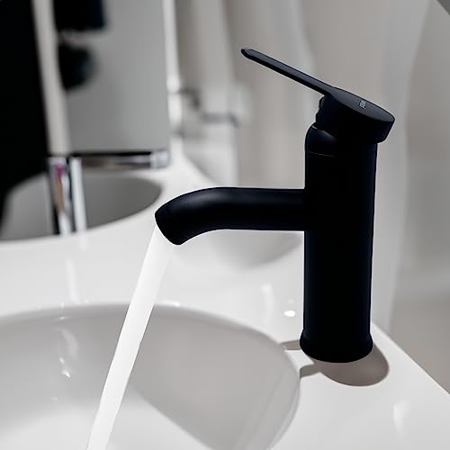 Rubinetto Bagno Lavabo MOKEKA Miscelatore Lavabo Bagno con Tubo, Rubinetti Bagno Monocomando, Regolabile in Temperatura Fredda e Calda (Nero)