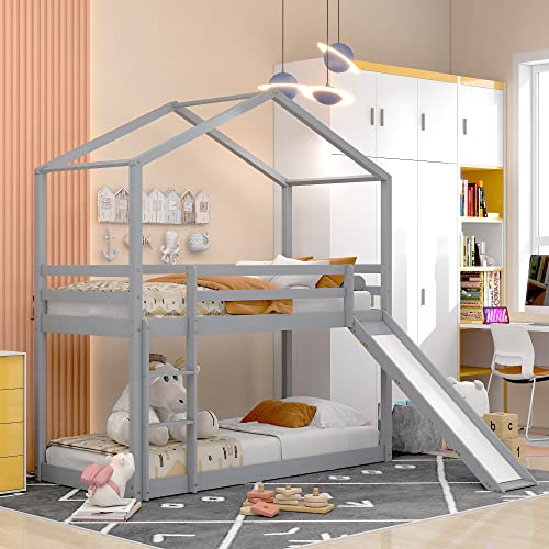 Letto A Castello Per Bambini, Letto Per Ragazzi, Letto A Castello Per Bambini, Letto A Castello Basso Con Scivolo, Struttura Del Letto A Castello In Legno Massiccio Con Telaio A Doghe 90X200Cm,Grey