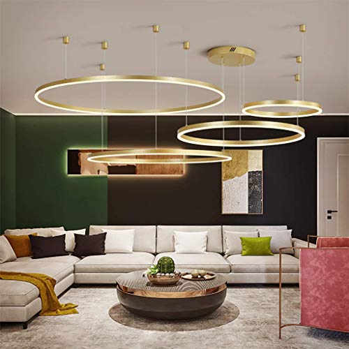 Lampadario Sospensione LED Lampada Soggiorno Lampadario Dimmerabile Con Telecomando Lampade Sospensione Moderne Tavolo Pranzo Soffitto Luminoso Acrilico Rotondo in Alluminio,D'oro,4laps40+60+80+100cm