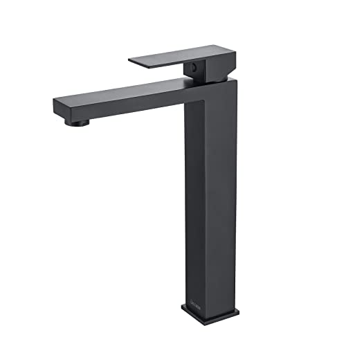DETBOM Rubinetto per bagno nero opaco, rubinetto extra alto con bocca di erogazione da 250 mm per lavabo da appoggio, rubinetto per lavabo con bocca di erogazione alta