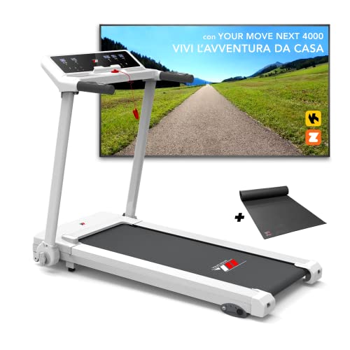 YM Tapis Roulant Elettrico Pieghevole 14 km/h, Brand Italiano, Inclinazione, APP Interattive Kinomap Zwift Bitgym, Ampia Superfice, Sensori Cardio, Salvaspazio 12 Programmi, NEXT 4000 Your Move BIANCO