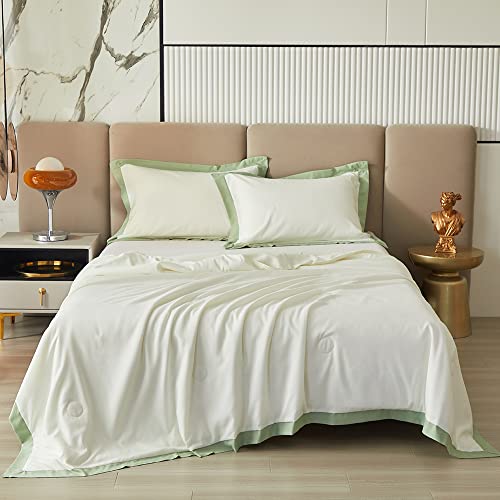 ARYURBU Piumone 240 x 220 cm, bianco con 2 federe, morbido e leggero, estivo, trapuntata, in microfibra, traspirante, facile da pulire, per tutto l'anno, con bordo verde, decorazione moderna